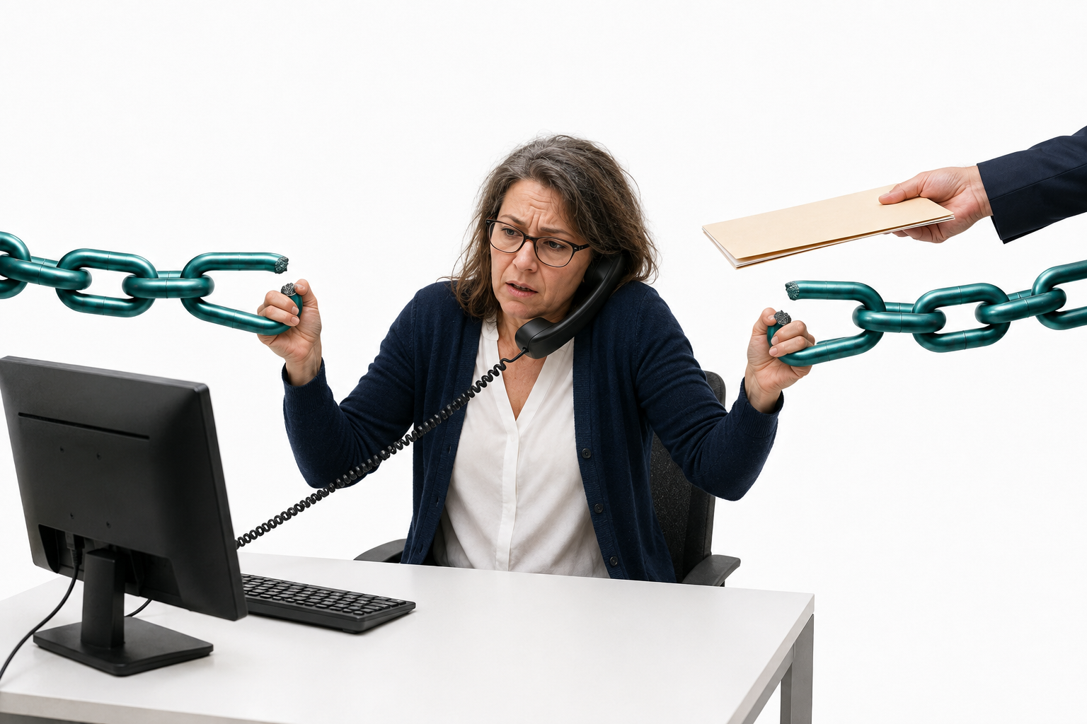 An office worker struggles to hold two broken chains while balancing a phone on her shoulder, looking at a monitor as someone offers another folder.